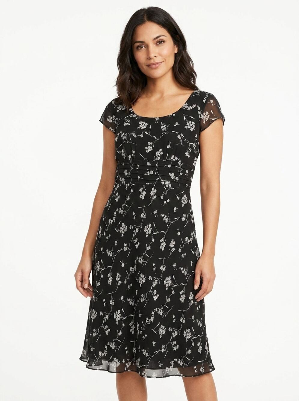 Ann Taylor Factory 100% Silk Black Floral Cap Sleeve Dress Women Size 6